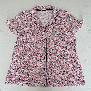 la Vie en Rose SS w Frill Button Down Floral Print Poly Pajama Top Wht P…